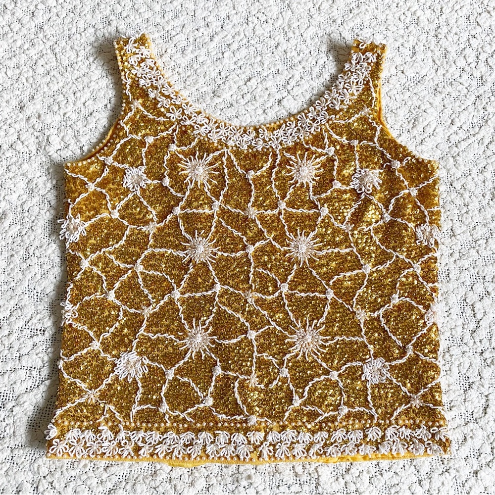 Vintage 1960s Mod Sequin Cropped Tank Cardell Made in Hong Kong, Gold White, S